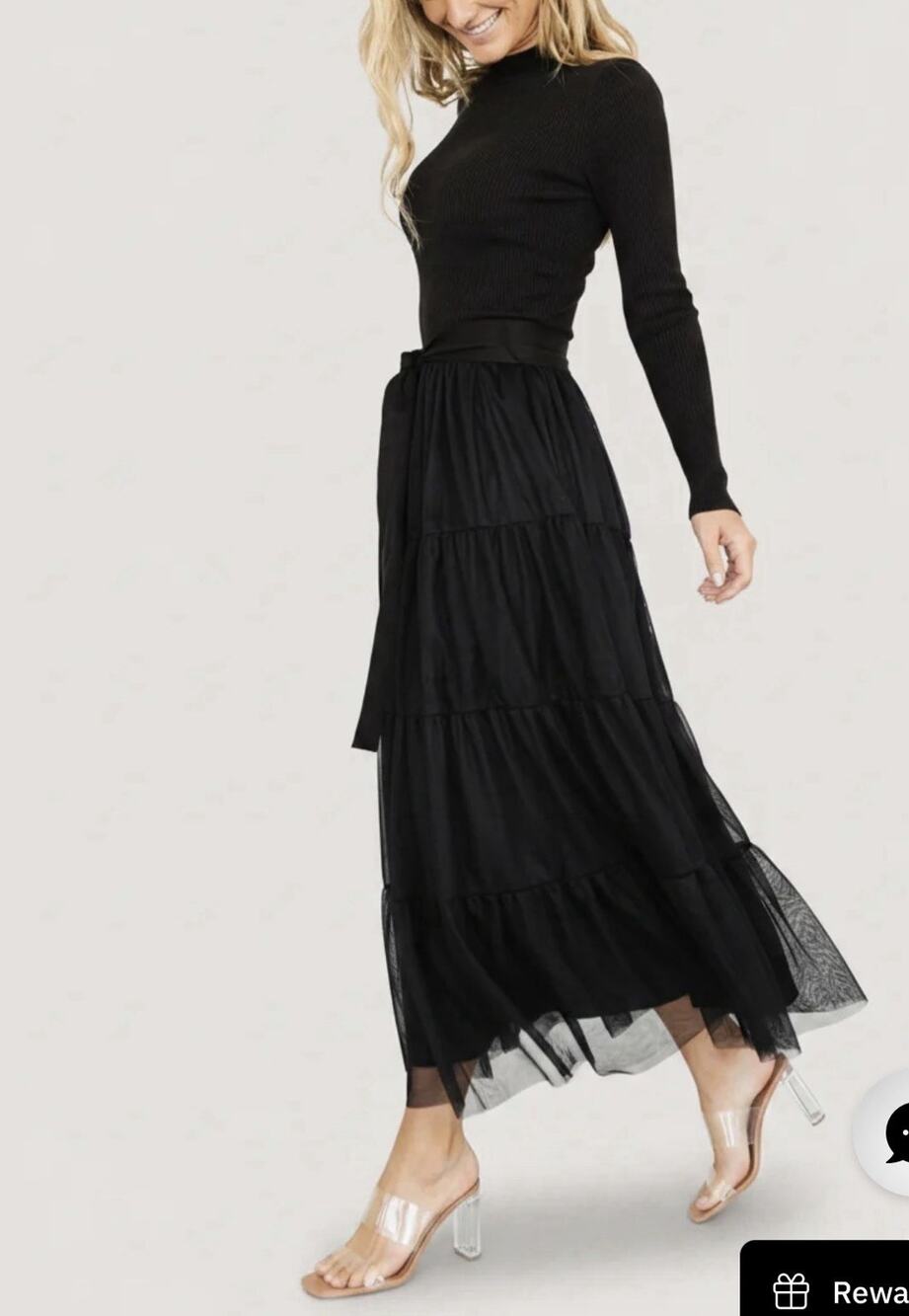Baltic Born Demi Sweater Tulle Dress L Black Tiered Maxi Long Sleeve NWT